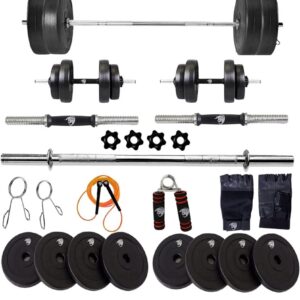 Home gym set, 8kg to 16 kg with 3 straight curl rod and 2 bumbell rods, gym combo made with pvc weights plates