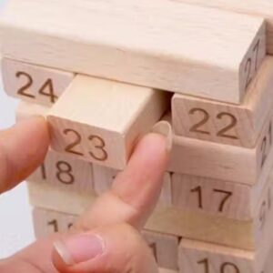 Wooden zenga block game with numbers and dice for kids and adults