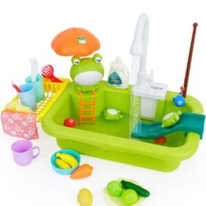 Big size frog themed kids playing SINK toy wiith automatic water cycle system, with fishing game and fish inside..