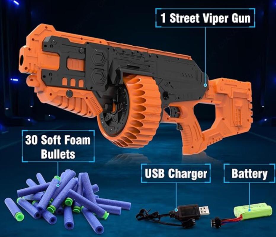 Street Viper Big Blaster Motorized Dart Gun Toy Includes 30 Soft Foam Bullet Darts, 60-Foot Firing Range, Rechargeable Electric Battery Design for Boys Girls, Above 5+ Age(Black-Orange) - Image 3