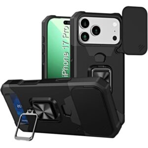 Shockproof case for iphone 17 pro | slide camera | hidden card slot | rotating ring kickstand | magnetic card mount support | A1 protection.. AVAILABLE IN BLACK, GREY, GOLDEN, SILVER, BLUE, GREEN, WHITE, RED AND ROSE GOLD!!