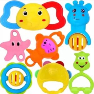 Colourful plastic non toxic play set for infants, set of 7, attractive rattles and teathers toy for new born baby