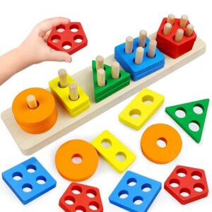 Wooden sorting and stackable blocks for kids, montessori toys for toddlers that increase thinking power and memories, 21 pcs